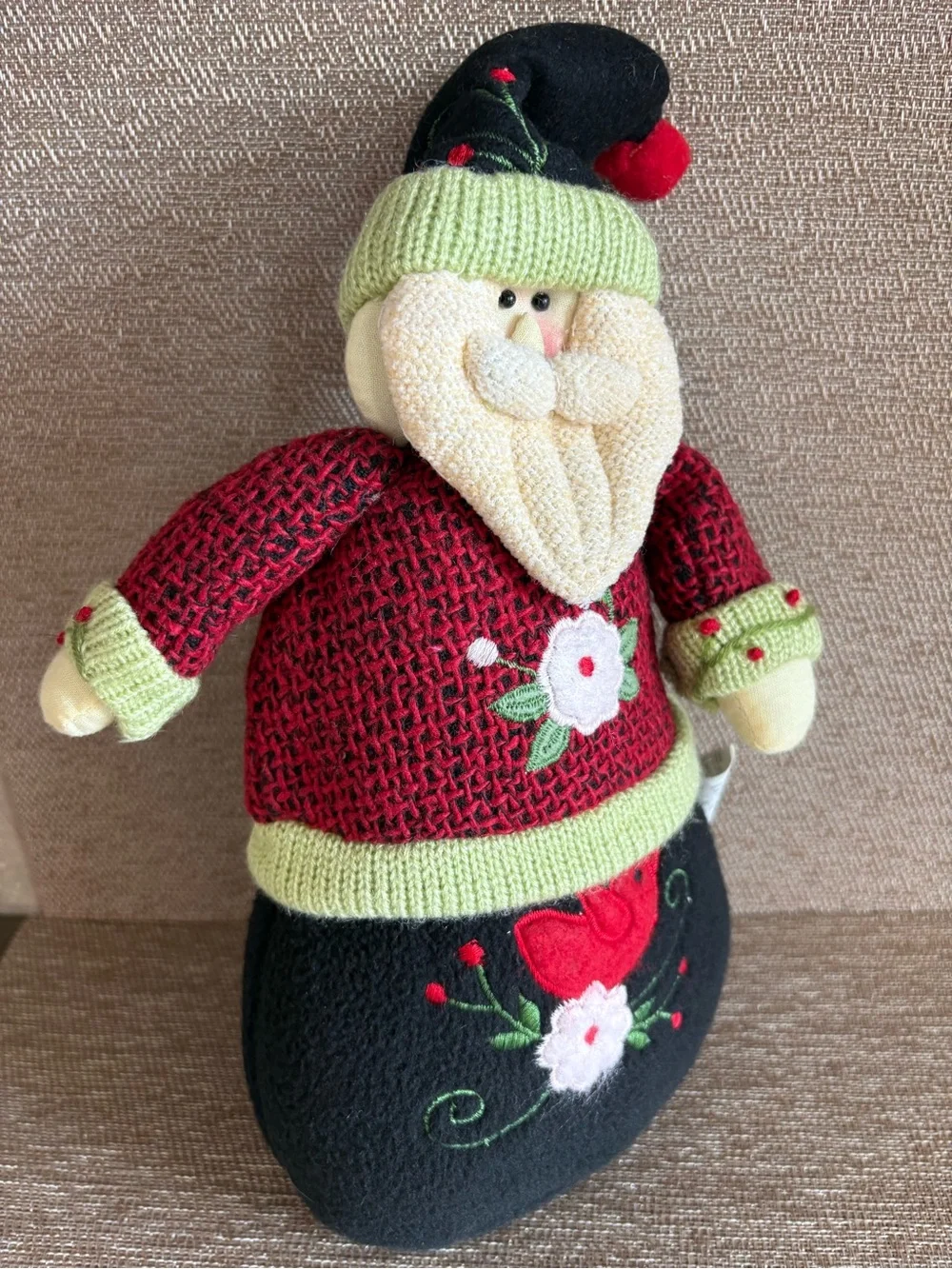 Plush Santa Claus Shelf Sitter Figurine Knit Sweater Embroidered Bird Christmas